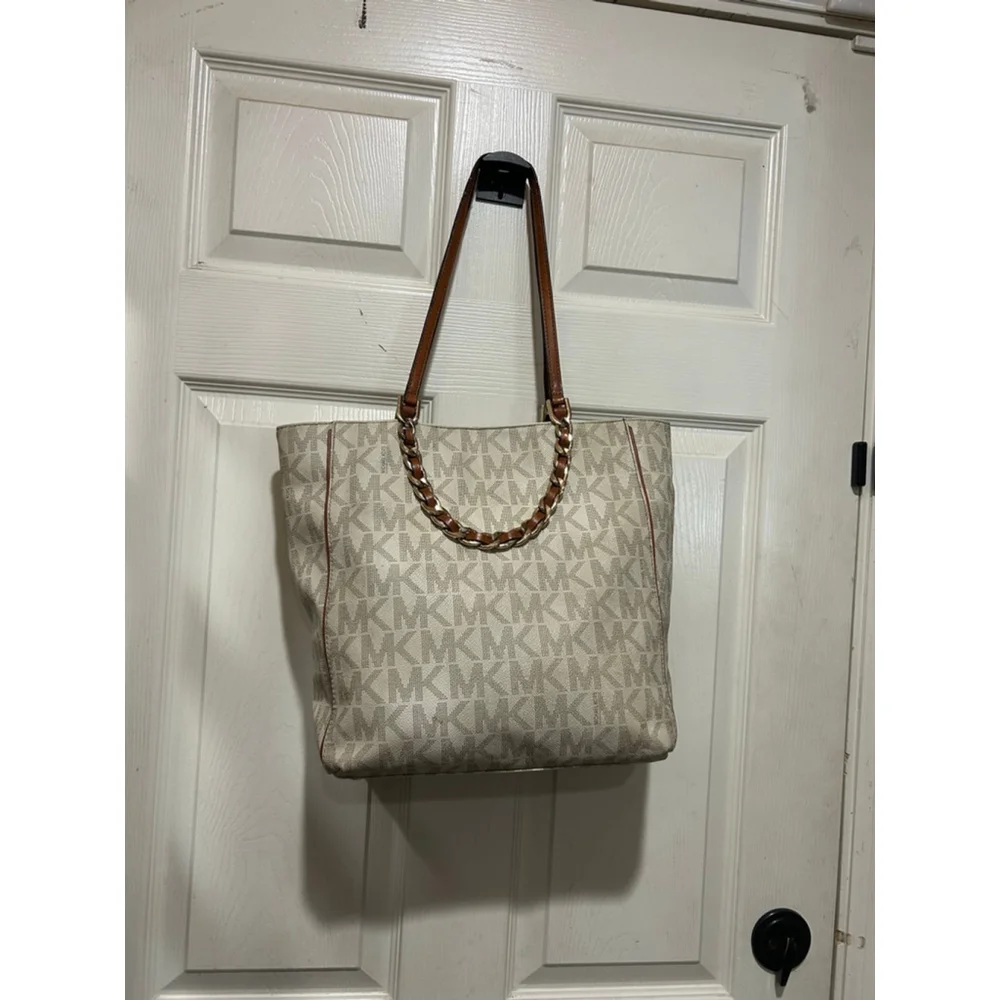 Women's Michael Kors Beige & Brown Monogram Tote Bag One Size - Picture 4 of 6